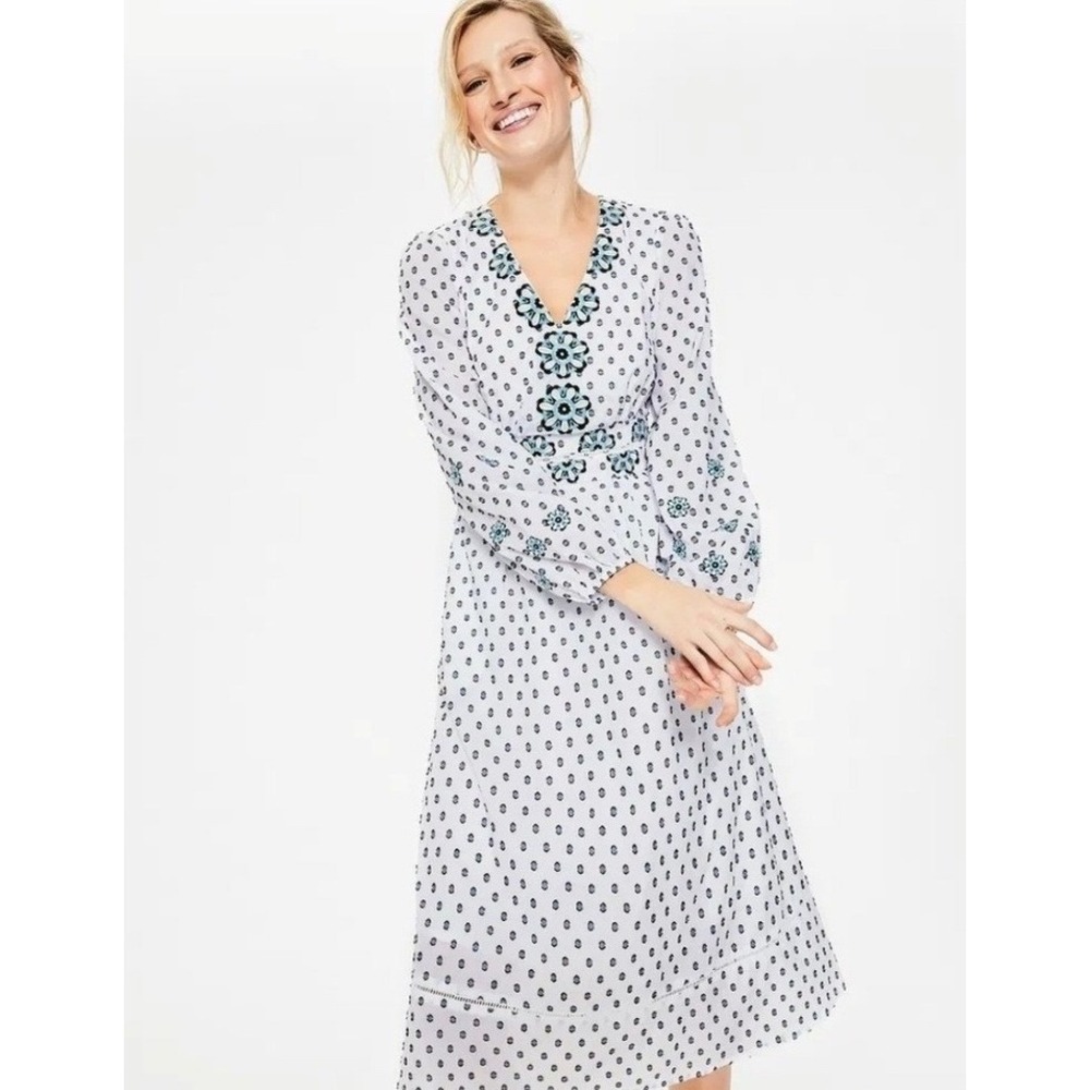 Boden Flossie Embroidered Midi Dress White Blue Cotton Clip Dot Long Sleeve 2P